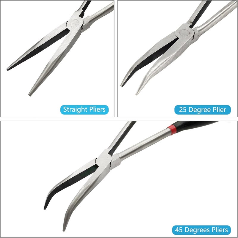 MFBJXC 3-Piece 11" Precision Long Nose Pliers Set with Insulated Comfort Grip Handles,Straight Long Needle Nose Pliers,25/45 Degree Angle Curved Pliers for Wire Bending,Shaping,Trimming - Image 2